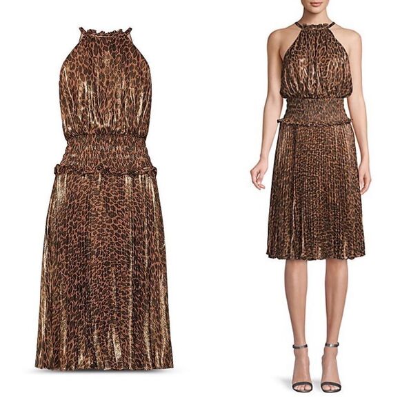 BCBGMAXAZRIA Sleeveless Leopard-Print Halter Crinkle Midi Dress Black Brown XXS - Picture 2 of 5